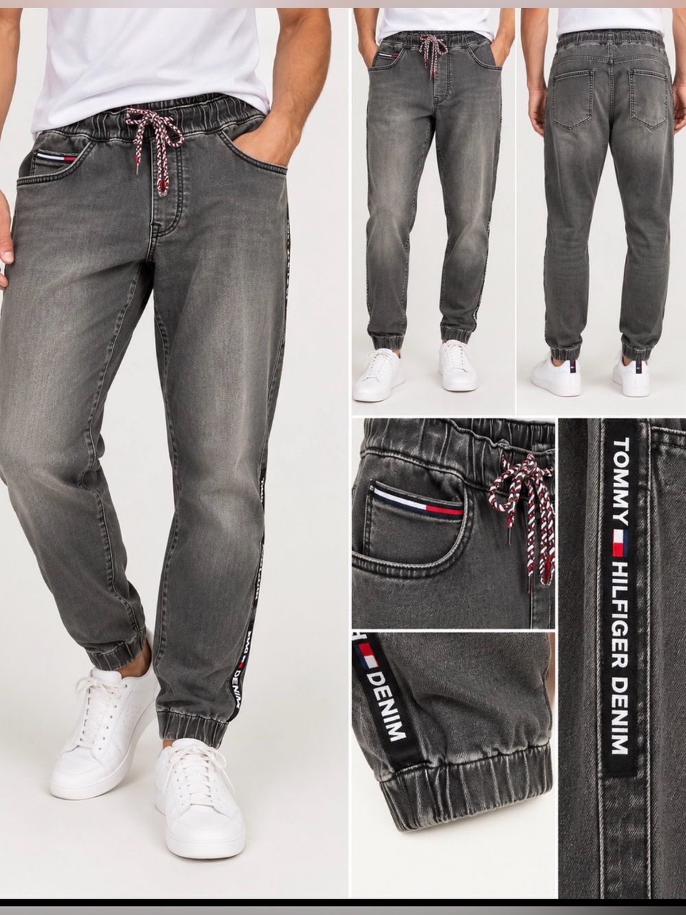 Tommy Hilfiger Denim Men’s XL Gray Jogger Pants Drawstring Logo Tape Cuffed